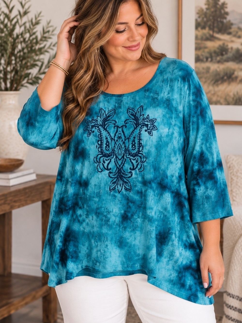 Avenue Plus 22/24 Teal Tie-Dye Graphic Scoop Neck Tunic Top